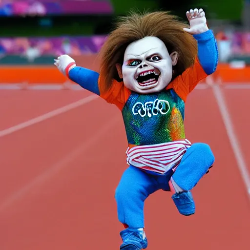 Image similar to screaming chucky doll doing long jump at the olympics