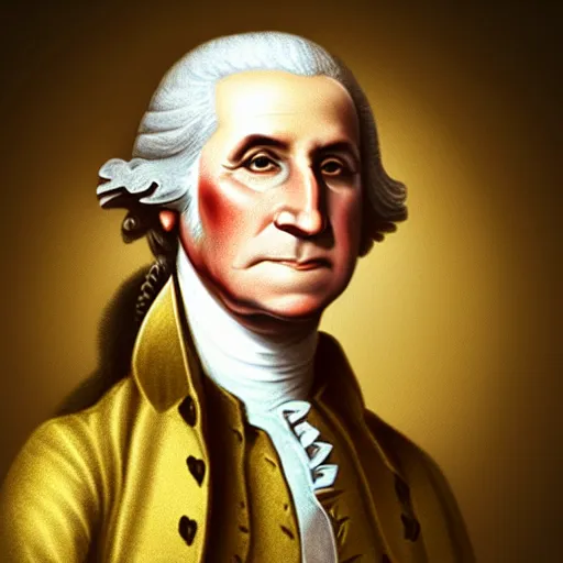 Image similar to a photorealistic colored pencil sketch of a happy George Washington wearing a gold chain around his neck with a small Doubloon coin attached as a necklace. This 4K HD image is Trending on Artstation, featured on Behance, well-rendered, extra crisp, features intricate detail and the style of Unreal Engine.