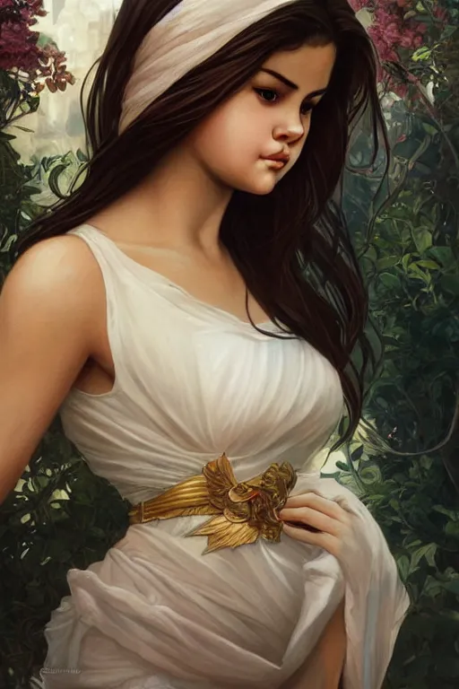 Image similar to ultra realistic illustration, selena gomez, elegant, highly detailed, digital painting, concept art, smooth, sharp focus, illustration, art by artgerm and greg rutkowski and alphonse mucha