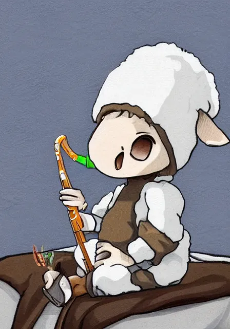 Image similar to little boy wearing sheep suit playing a flute sitting on bed. white, gray, blue, green and brown pallet color. made in abyss art style, inspired in kris from deltarrune, cute detailed artwork, anatomically correct