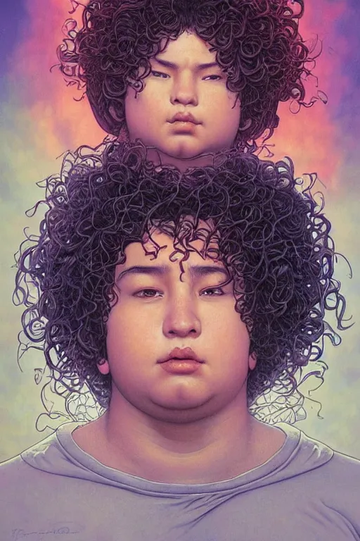 Image similar to a young chubby mexican man with curly hair, by artgerm and yoshitaka amano and moebius and hr giger and zdislaw beksinski and alphonse mucha, hyperdetailed, symmetry, glamour, surreal, dc comics, ornate, stunning, nebula, explosions in the sky, trending on artstation