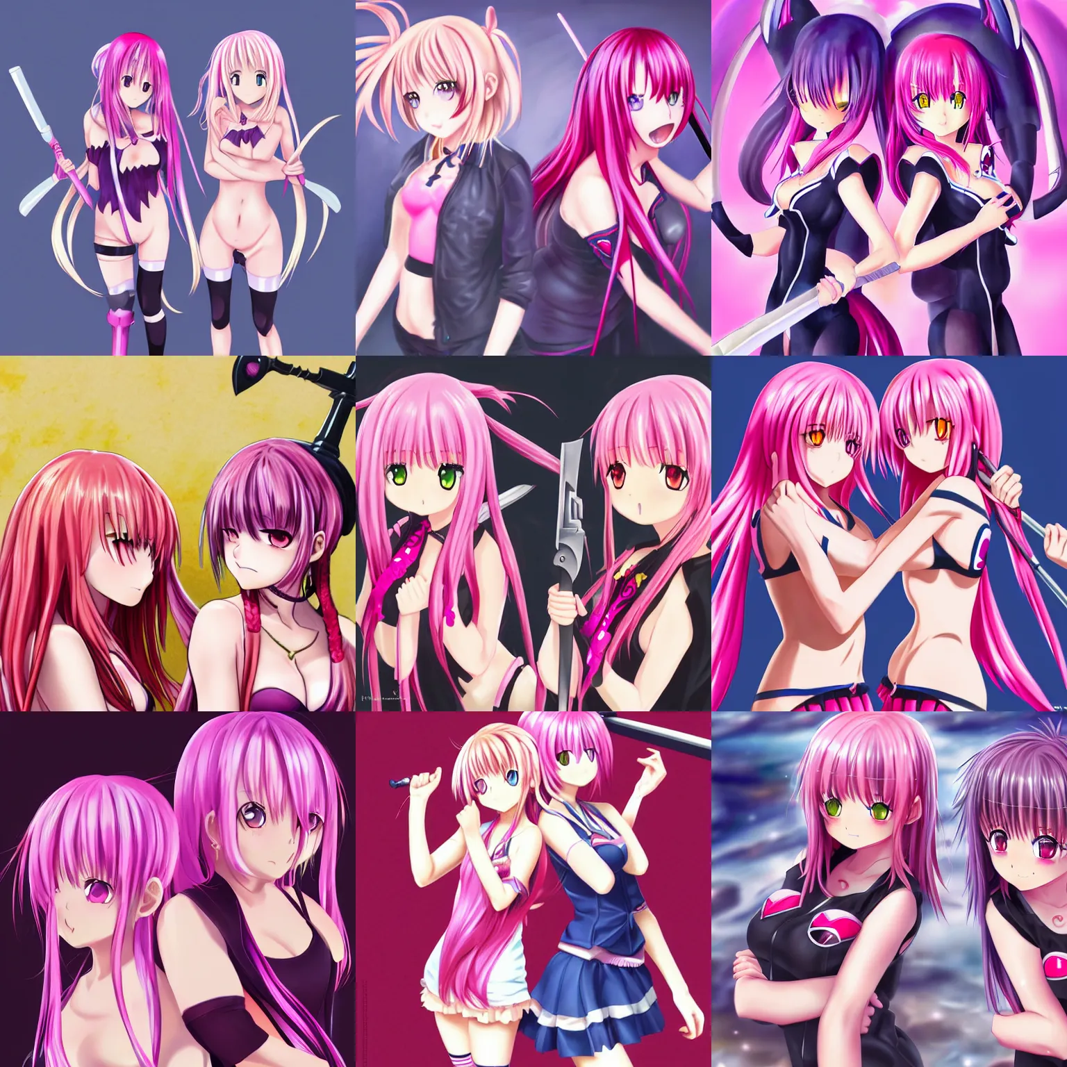 Prompt: A full body portrait of two girls as ToLoveRu, pink hair, weapon in hands, face to face, digital painting, concept art, highly detailed, sharp focus, art by Kyoto Animation, anime illustration, trending on Pixiv.