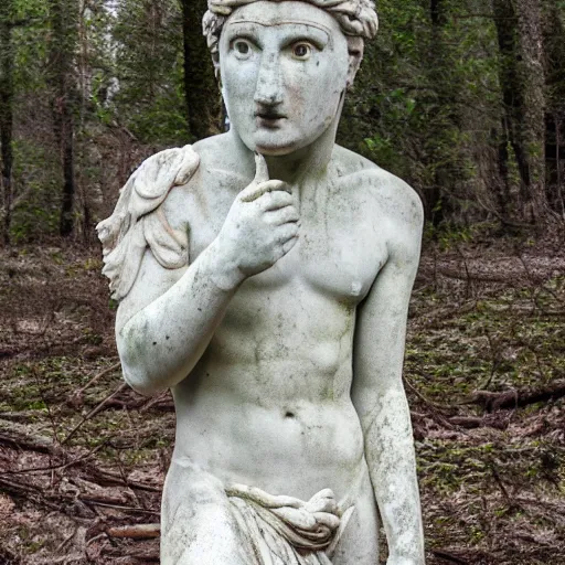 Prompt: ancient marble statue of ugly monster, abandoned forrest scene, 8K photo