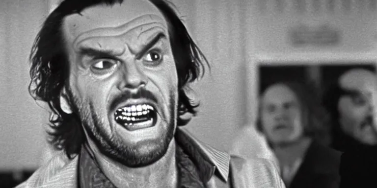 Image similar to photorealistic cinematography of the character jack torrance played by jack nicholson from stanley kubrick's 1 9 8 0 film the shining sitting at the overlook hotel's gold ballroom bar laughing right at the camera shot on 3 5 mm 5 2 4 7 film by the shining cinematographer john alcott on a 1 8 mm cooke panchro lens.