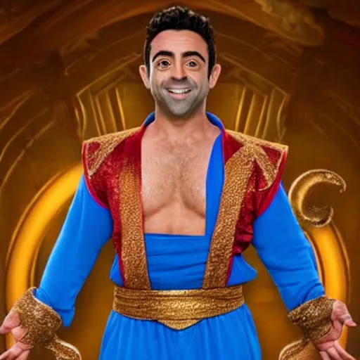 Prompt: HQ Still of Xavi Hernandez as the genie in Aladdin (2019)