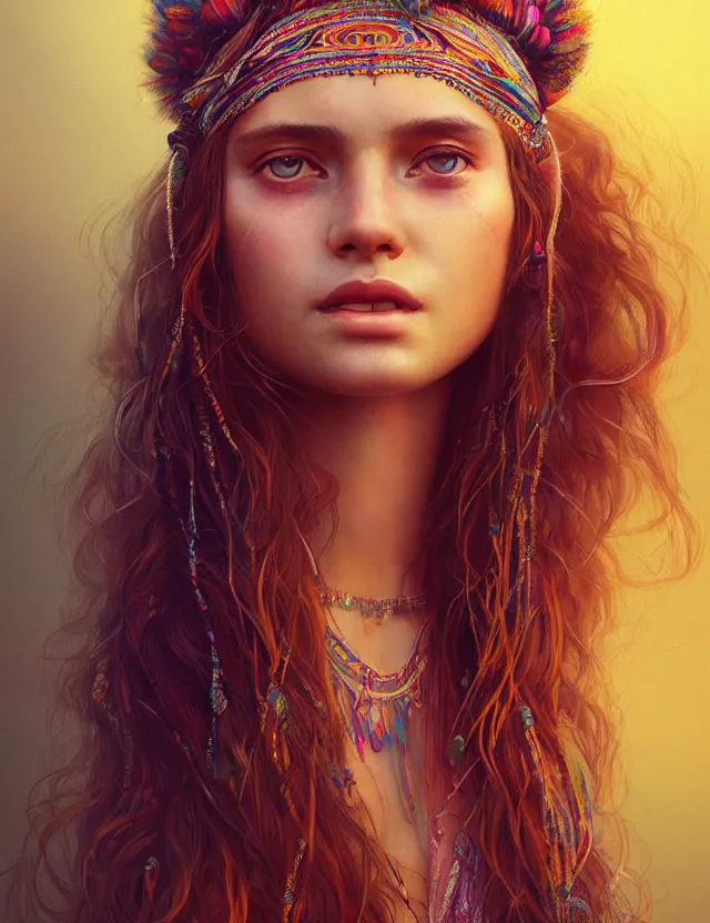 Image similar to portrait of a young woman wearing boho clothing, hippie girl, long hair, groovy hairband, bangs, woodstock background, intricate, smooth, groovy lighting, highly detailed, digital painting, artstation, concept art, smooth, sharp focus, illustration, art by wlop, mars ravelo and greg rutkowski