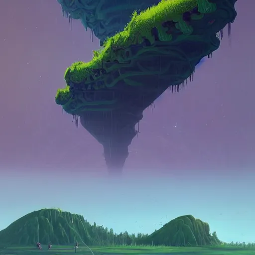 Image similar to beautiful digital artwork of a lush natural scene on an alien planet by simon stalenhag. extremely detailed. science fiction. interesting color scheme. beautiful landscape. weird vegetation. cliffs and water.