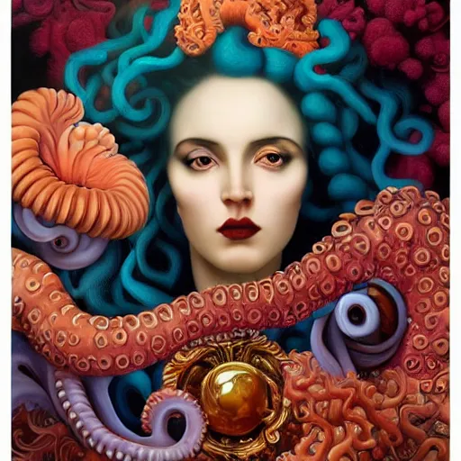 Image similar to dynamic composition, a painting of a woman with hair of octopus tentacles and ( brightly - colored - corals ), wearing ornate earrings, a surrealist painting by tom bagshaw and jacek yerga and tamara de lempicka and jesse king, underwater, featured on cgsociety, pop surrealism, surrealist, dramatic lighting, pre - raphaelite, ornate gilded details