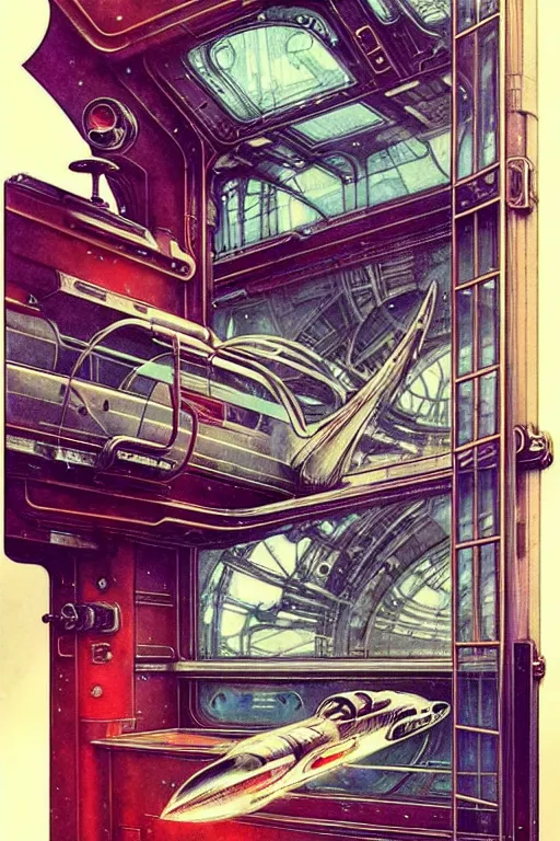 Image similar to ( ( ( ( ( 1 9 5 0 s retro future intricate machine spaceship large window. muted colors. art nouveau ) ) ) ) ) by jean baptiste monge!!!!!!!!!!!!!!!!!!!!!!!!! chrome red