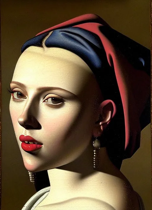 Image similar to portrait of scarlett johansson, oil painting by johannes vermeer, 1 7 th century, art, oil on canvas, wet - on - wet technique, realistic, expressive emotions, intricate textures, illusionistic detail