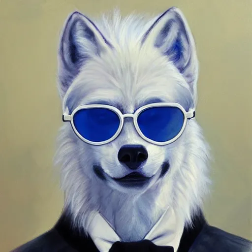 Prompt: A White Wolf with a blue mohawk hairstyle wearing a tuxedo and sunglasses, oil painting, award winning masterpiece, artstation, cgsociety