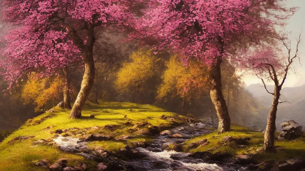 Prompt: A beautiful landscape oil painting of a hill with trees, the spring has arrived and the trees are blooming and covered with colorful flowers, the flowers are yellow, pink, purple and red, the river is zigzagging and flowing in its way, the river has lots of dark grey rocks, by Greg Rutkowski