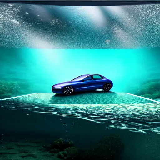 Image similar to hyperrealistic photo of a car underwater, 4 k, 8 k, thin film, full shot