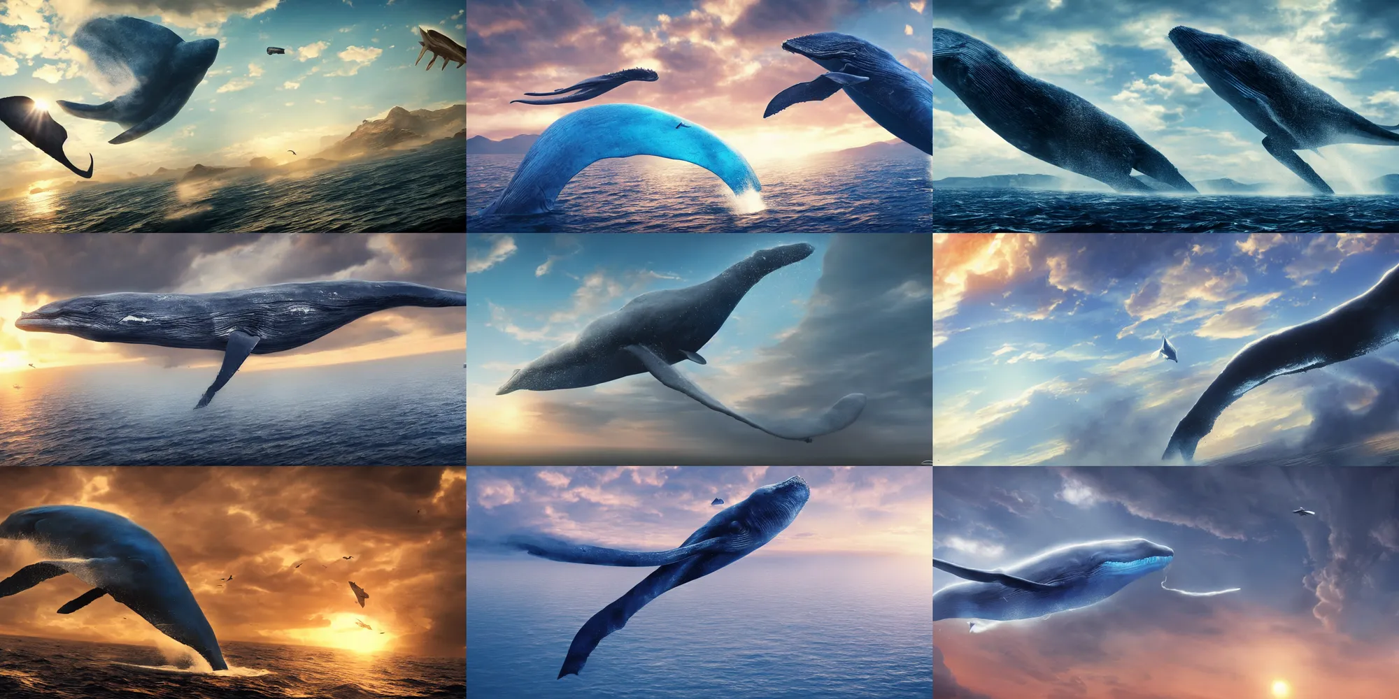 Prompt: a huge blue whale is flying in mid air, epic, cinematic shot, golden hour, artstation, atmosphere, high definition