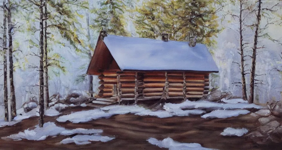 Image similar to one log cabin in the forest, beautiful painting, oil on canvas, by Ewa Czarniecka, award winning masterpiece,