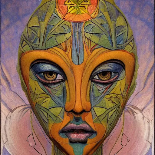 Image similar to masterpiece painting of a facemask made of stylized flowers, by annie swynnerton and jean delville and john watkiss and rufino tamayo and tino rodriguez, flower mask, art deco shaman, symbolist, dramatic lighting, god rays, elaborate geometric ornament, modern realism, clean crisp graphics, soft cool colors, smooth, sharp focus, extremely detailed