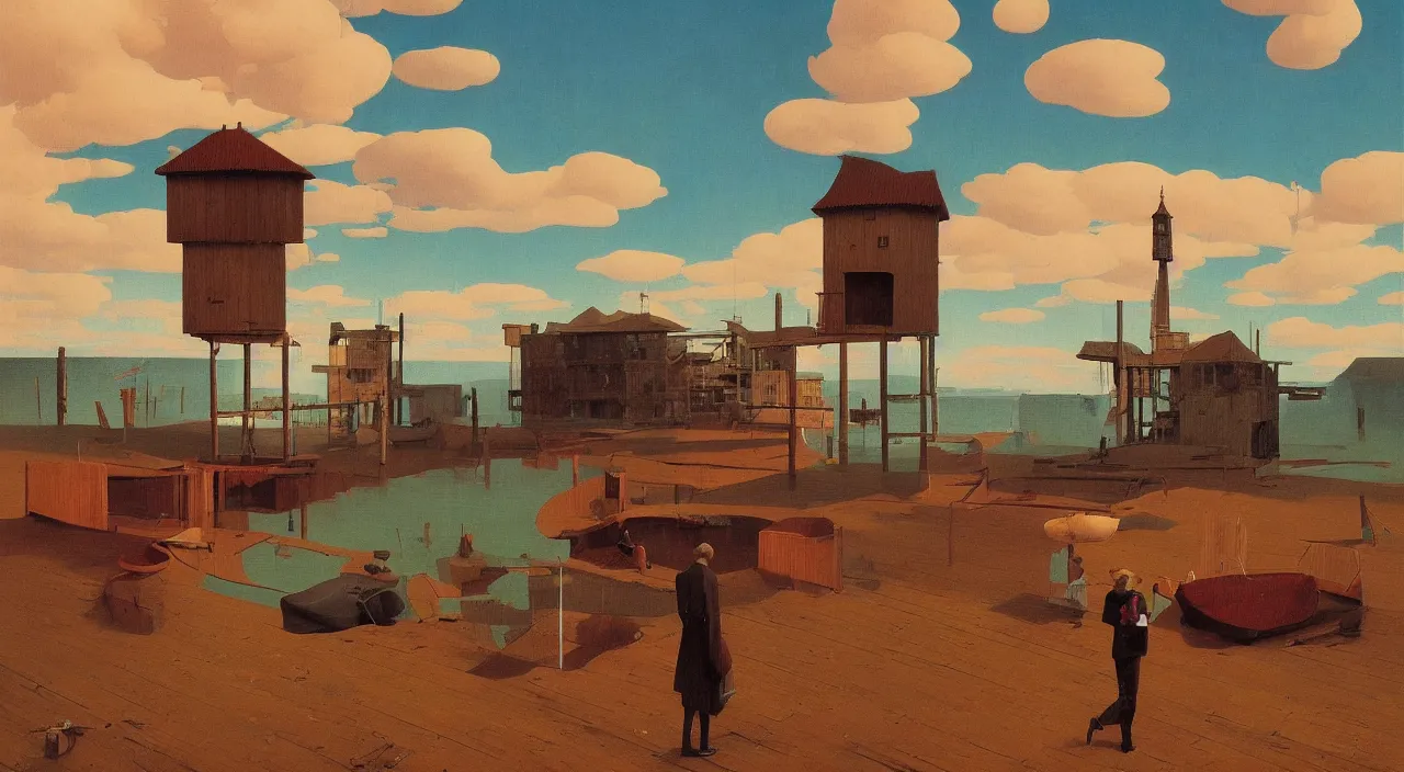 Prompt: single flooded simple wooden meat! tower, very coherent and colorful high contrast!! masterpiece by rene magritte simon stalenhag carl spitzweg syd mead norman rockwell edward hopper james gilleard, minimalist, dark shadows, sunny day, hard lighting