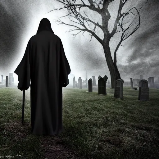 Image similar to the grim reaper wandering through a graveyard, highly detailed, extremely high quality, hd, 4 k, 8 k, professional photographer, 4 0 mp, lifelike, top - rated, award winning, realistic, detailed lighting, detailed shadows, sharp, no blur, edited, corrected, trending