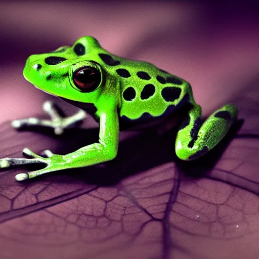 Image similar to small dart frog, chilling on a leaf, in jungle, alien movie style, hyper realistic, rule of thirds, extreme detail, 4 k, detailed drawing, trending artstation, realistic lighting, by giger, sharp focus, backlit