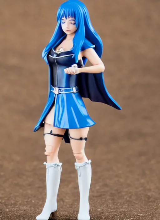 Prompt: 80mm resin detailed miniature of a female alchemist with short blue hair wearing a short dress, white stockings, leather boots and cape, Product Introduction Photos, 4K, Full body