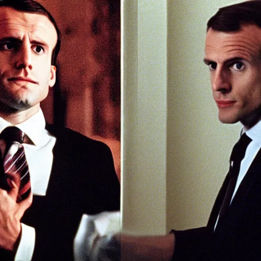 Image similar to bald and beardy Emmanuel Macron in American Psycho (1999)