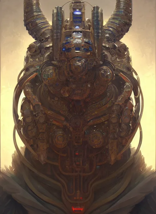 Image similar to portrait of anthropomorphic mecha - totem shaman ghostspeaker, intricate, elegant, highly detailed animal monster, digital painting, artstation, concept art, smooth, sharp focus, illustration, art by artgerm and greg rutkowski and alphonse mucha, 8 k