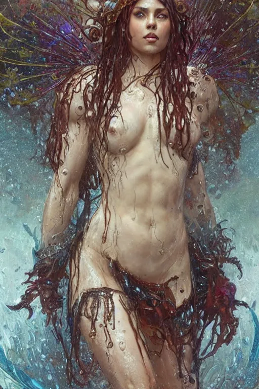 Image similar to portrait of a beautiful woman wearing a warrior armor, drenched body, wet dripping hair, emerging from the water, fantasy, regal, fractal crystal, fractal gems, by stanley artgerm lau, greg rutkowski, thomas kindkade, alphonse mucha, loish, norman rockwell.