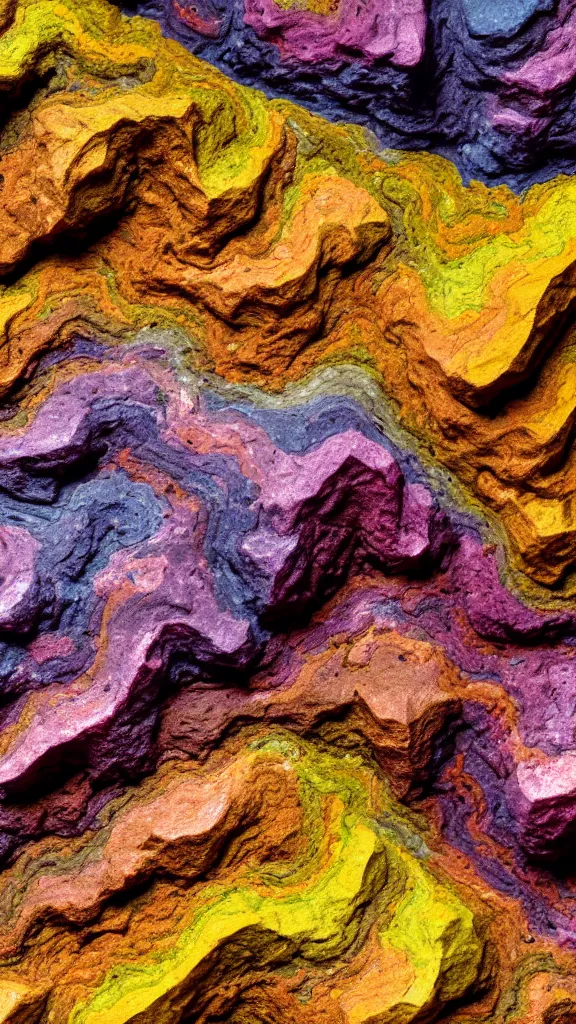 Image similar to vivid color, folded, tessellated planes of rock, alien sedimentary schematic, igneous rock, marbled veins, macro photography, 3D!!! diorama, depth of field with layers of strata, mineral grains, dramatic lighting, rock texture, sand by James jean, geology, octane render in the style of Luis García Mozos