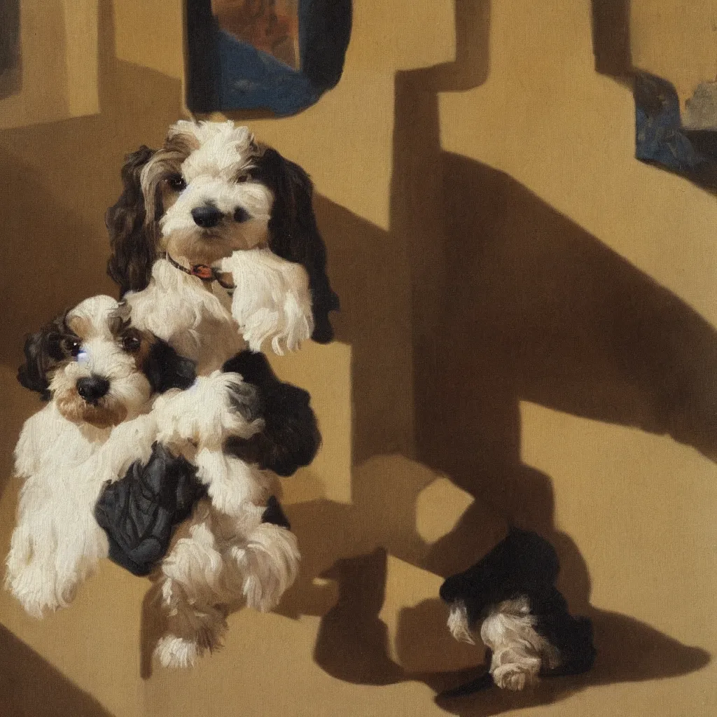 Prompt: a painting of a cavoodle in the style of johannes vermeer