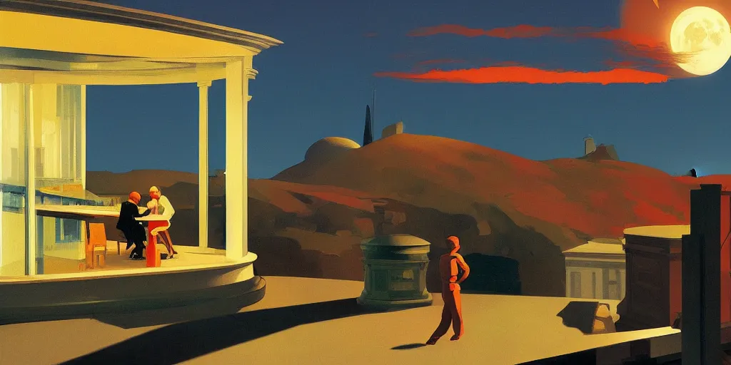 Image similar to incredible full page illustration, moon hitting earth, Edward Hopper and James Gilleard Zdzis