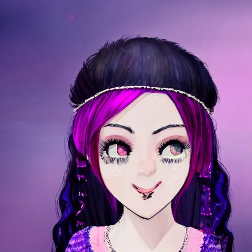 Image similar to girl with short wavy pink-purple hair with bangs, wears a black headband, has long eyelashes with dark eyes and smiling faintly, wears a long-sleeved blue blouse with frills, a long pink flare-skirt. looking sideways. Dark Digital art