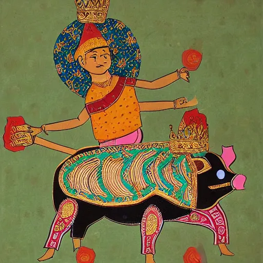 Prompt: boy with gold crown riding pig in style of Gond Paintings