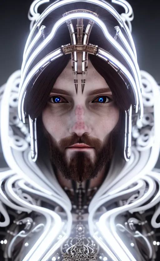 Prompt: white cyborg Jesus, cyber copper spiral decorations, white elegant baroque design, headshot half figure, photorealistic, 8k, hyper detailed, unreal engine, trending on artstation