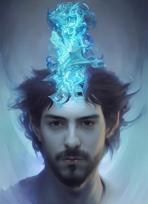 Image similar to character concept portrait of an attractive young sleepy Spanish wizard with blue skin conjuring an ocean spell, a floating iridescent spell book in the center, intricate, elegant, digital painting, concept art, smooth, sharp focus, illustration, from Metal Gear, by Ruan Jia and Mandy Jurgens and William-Adolphe Bouguereau, Artgerm