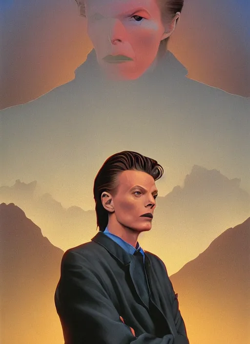 Prompt: twin peaks poster art, portrait of david bowie arriving in small town, by michael whelan, rossetti bouguereau, artgerm, retro, nostalgic, old fashioned