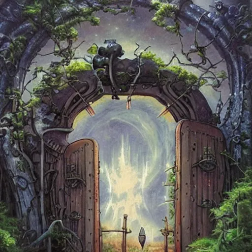 Image similar to gate portal with another world visible inside style studio ghibli and Gerald Brom, dreamy, mystical, dark