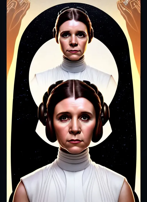 Prompt: symmetry!! portrait of princess leia organa, intricate, elegant, highly detailed, digital painting, artstation, concept art, smooth, shallow focus, illustration, art by artgerm and greg rutkowski and alphonse mucha, 8 k