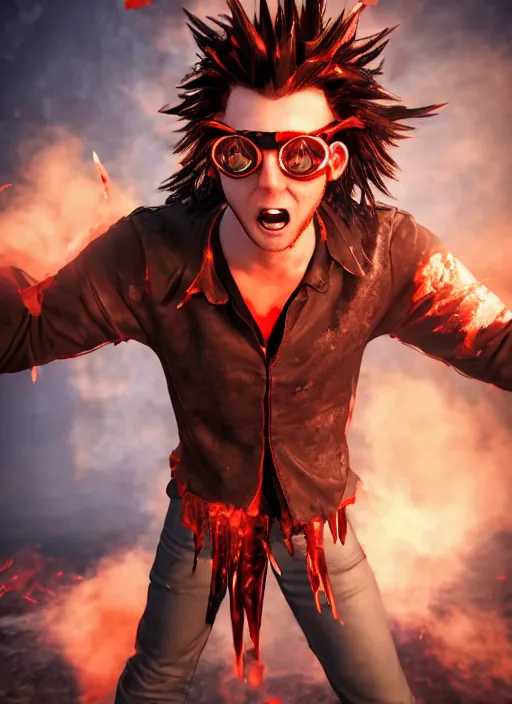 Image similar to An epic fantasy comic book style portrait painting of young man with red spiked long hair, using an orange lens googles. Wearing a black waistcoat, white shirt. He is with a vicious smile in face. Unreal 5, DAZ, hyperrealistic, octane render, cosplay, RPG portrait, dynamic lighting