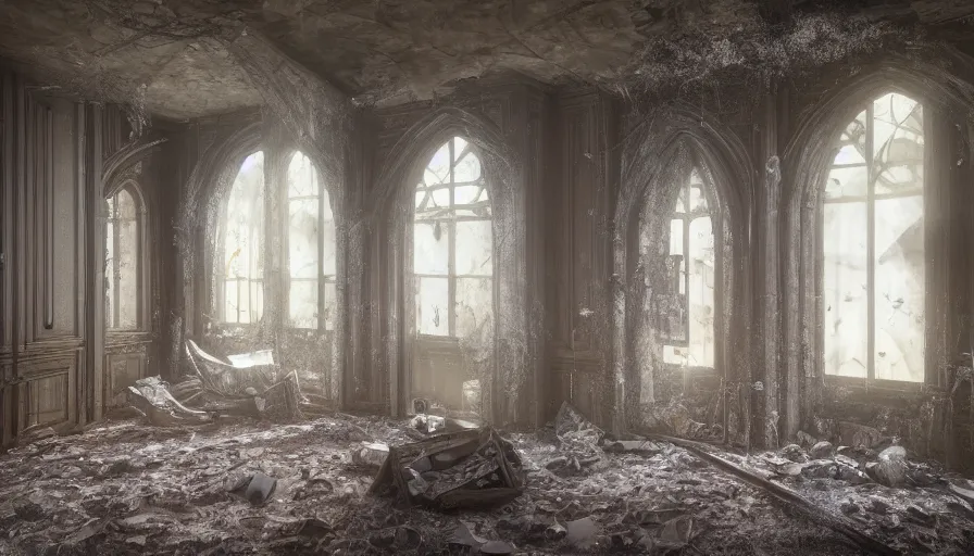 Image similar to interior of an abandoned neo - gothic manor's bed room with lot of cobwebs, dusty ground with dirt, light trough windows, collapsed ceiling, hyperdetailed, artstation, cgsociety, 8 k