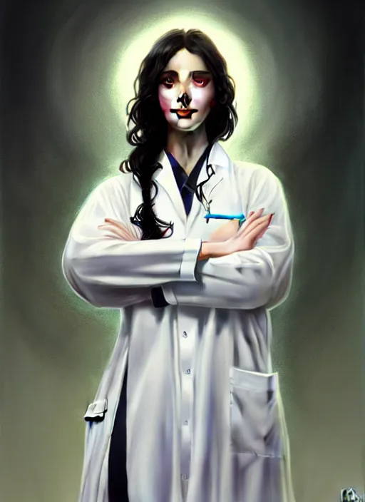 Prompt: saudi biochemist, lab coat, wavy black hair, studio lighting, portrait by Magali Villeneuve and Steve Argyle,Livia Prima,Mucha,fantasy art,beautiful,artstation,alluring