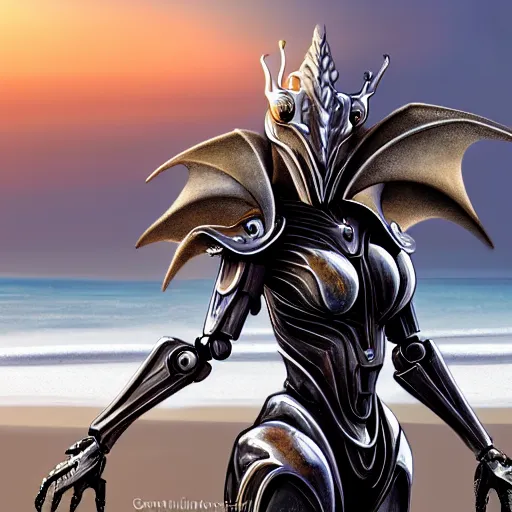 Prompt: full body shot, realistic detailed stunning beautiful anthropomorphic robot mechanical female dragon, doing an elegant pose with hand on hip, looking to the side, sleek streamlined armor and design, sharp claws, sleek head, long tail, standing on two legs, wearing a hooded cloak that blows in the wind from behind her, on the beach during sunset, high quality, cinematic art, sunset lighting, artstation, deviantart, furaffinity