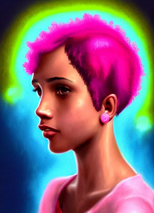 Image similar to portrait of teenage vanessa morgan with bright pink hair, black girl, curly pixie cut hair, wearing newsboy cap, pink short haircut, newsboy cap, hoop earrings, blue eyes, intricate, elegant, glowing lights, highly detailed, digital painting, artstation, concept art, smooth, sharp focus, illustration, art by wlop, mars ravelo and greg rutkowski