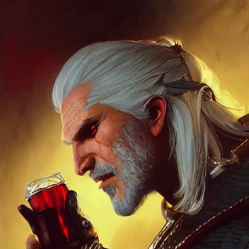 Image similar to geralt the witcher 3 drinking coca cola d & d fantasy intricate elegant highly detailed digital painting artstation concept art matte sharp focus illustration hearthstone art by artgerm art by greg rutkowski art by alphonse mucha