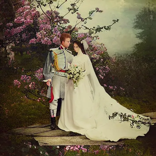 Prompt: A Russian and Japanese mix historical fantasy of a photograph taken of the royal wedding floral covered isle inspired by a enchanted ethereal forest, 1907 photo from the official wedding photographer for the royal wedding.