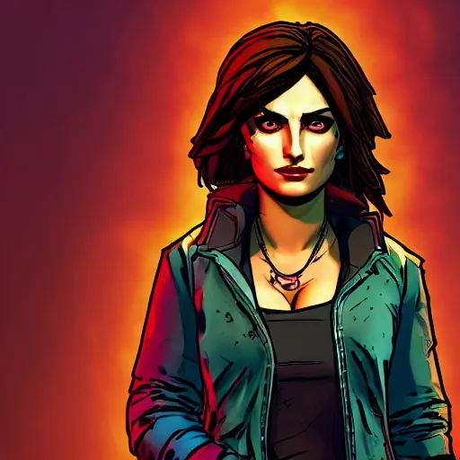 Image similar to penelope cruz portrait, borderlands, tales from the borderlands, the wolf among us, comic, cinematic lighting, studio quality, 8 k