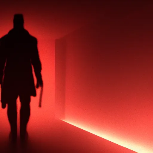 Image similar to silhouette of a man standing on a dark hallway, red light on the behind of the man, creepy atmospheric, unreal engine fantasy art, 8k, trending on artstation, realistic