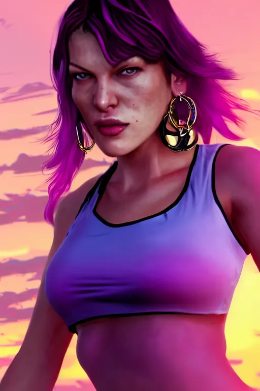 Prompt: a stunning GTA V loading screen Milla Jovovich with ombre purple pink hairstyle, hair blowing in the wind, hoop earrings, sunset mood, outrun, vaporware, retro, digital art, trending on artstation