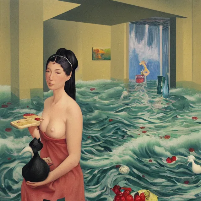 Prompt: tall female catgirl artist holding berry pancakes in her flooded apartment, pomegranates, octopus, water gushing from ceiling, painting of flood waters inside an artist's apartment, a river flooding indoors, mushrooms, ikebana, zen, rapids, waterfall, black swans, canoe, berries, acrylic on canvas, surrealist, by magritte and monet