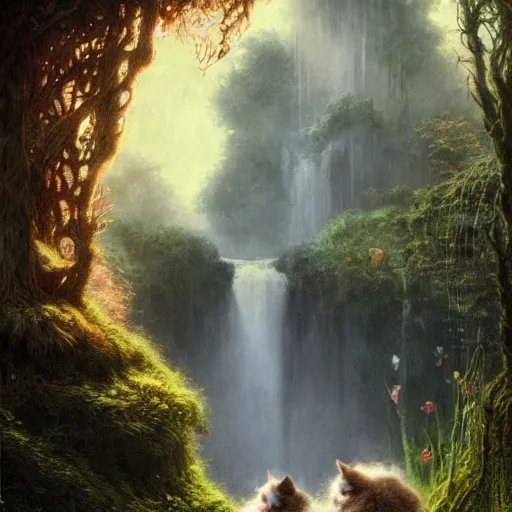 Image similar to two kittens watching the waterfall in the enchanted forest, fantasy, intricate, extremely detailed, matte, artstation, art by greg rutkowski, louis wain, alan lee