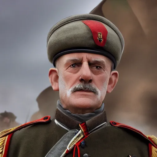 Image similar to movie scene jeremy corbin in ww 1 russian soldiers uniform, photorealistic, highly detailed 8 k